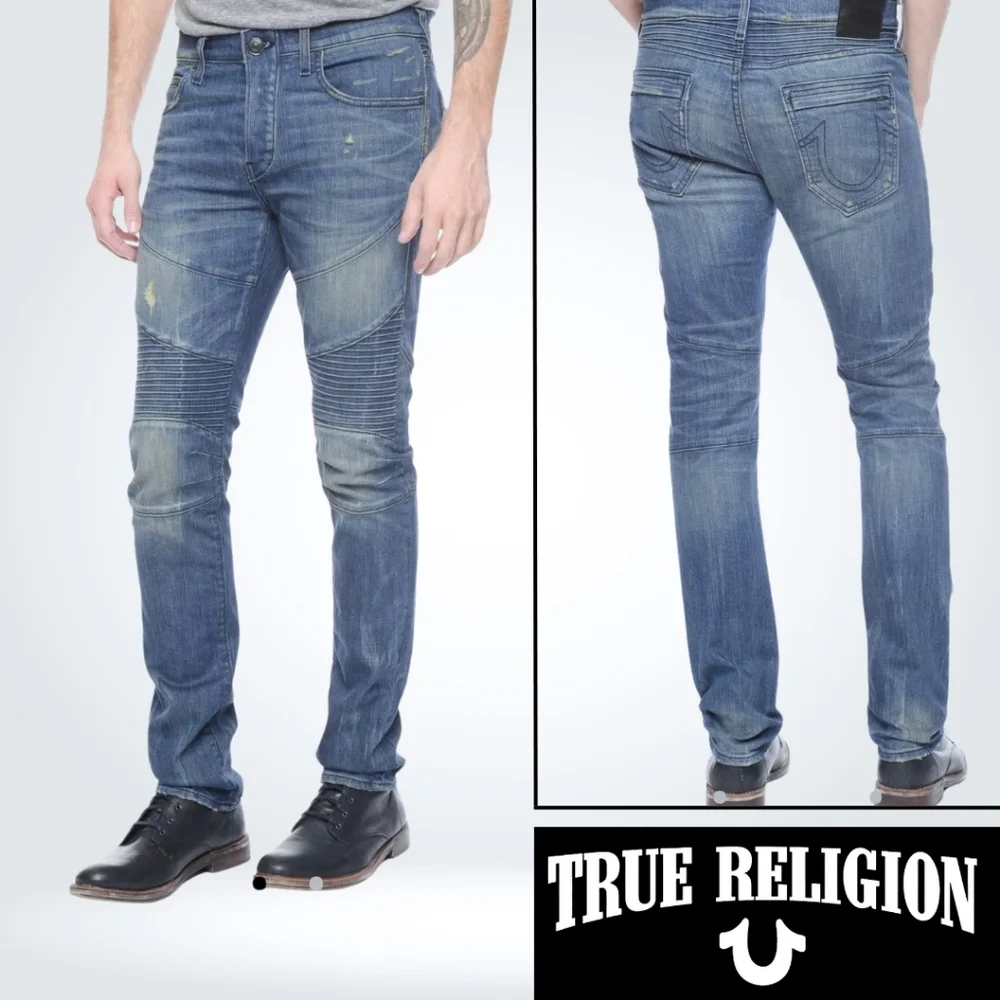 True Religion Men's Moto Blue Jeans ROCCO RELAXED SKINNY Size 40 Zip Pockets